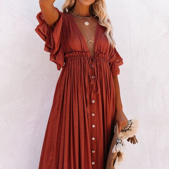 Shop_Fig Dresses & Skirts - New Bohemian Long Gauze Maxi Summer Dress Red